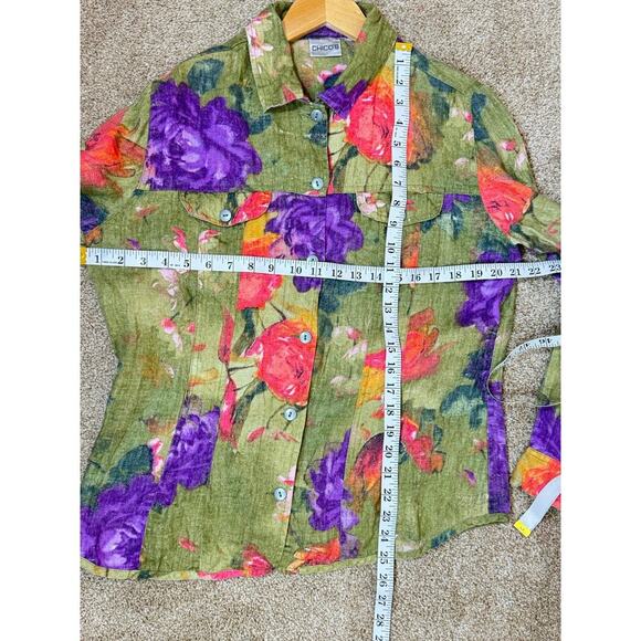 VTG 90s Womens 100% Linen Jacket Shirt Floral Chicos Cottage Coastal Medium - Picture 5 of 6